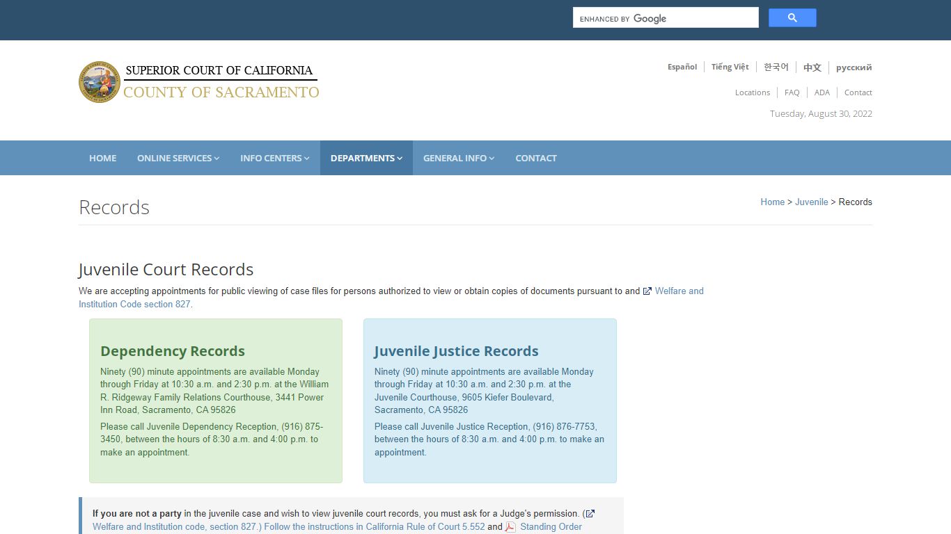 Juvenile Court Records: Sacramento Superior Court - California